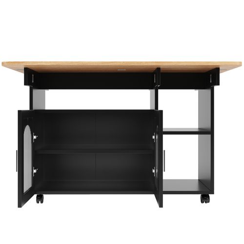 Îlot De Cuisine 120x30-70x79.5 Cm, Table Rabattable, Mdf, Verre, Métal, Noir+bois