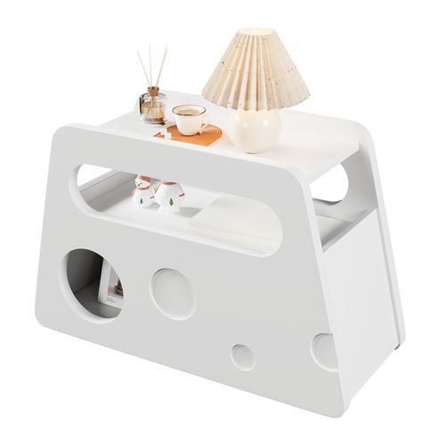 Bout De Canapé 81x33x51,5 Cm, Coins Arrondis Avec Roulettes, Mdf Et Panneau De Particules, Blanc