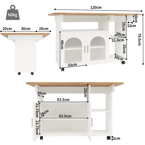 Îlot De Cuisine 120x30-70x79.5 Cm, Plateau Extensible, 2 Portes, Mdf, Verre, Métal, Blanc+bois