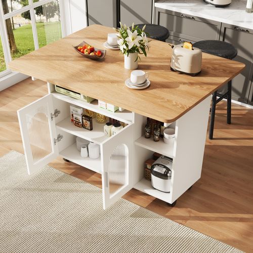 Îlot De Cuisine 120x30-70x79.5 Cm, Plateau Extensible, 2 Portes, Mdf, Verre, Métal, Blanc+bois