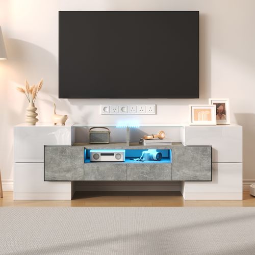 Meuble TV 145x30x51 Cm Avec LED, 6 Portes, 2 Tiroirs, Mdf Et Panneaux De Particules, Blanc, Béton