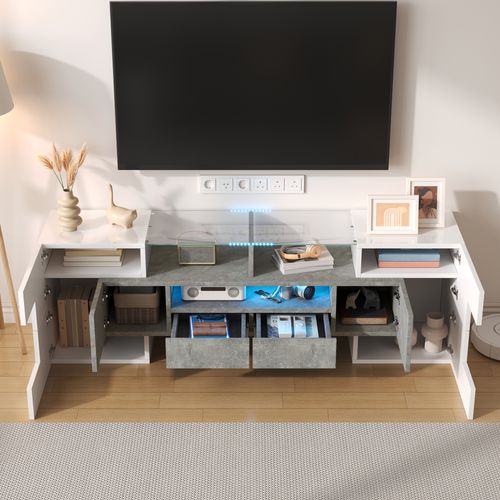 Meuble TV 145x30x51 Cm Avec LED, 6 Portes, 2 Tiroirs, Mdf Et Panneaux De Particules, Blanc, Béton