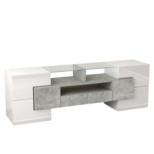 Meuble TV 145x30x51 Cm Avec LED, 6 Portes, 2 Tiroirs, Mdf Et Panneaux De Particules, Blanc, Béton