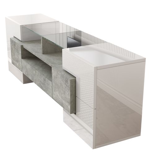 Meuble TV 145x30x51 Cm Avec LED, 6 Portes, 2 Tiroirs, Mdf Et Panneaux De Particules, Blanc, Béton