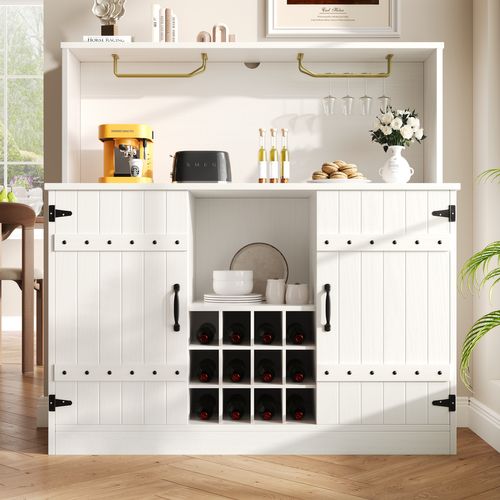 Îlot  Central  120x40x120cm, 2 Portes, Porte-bouteilles, Anti-chute Sécurisé, Mdf+métal, Blanc