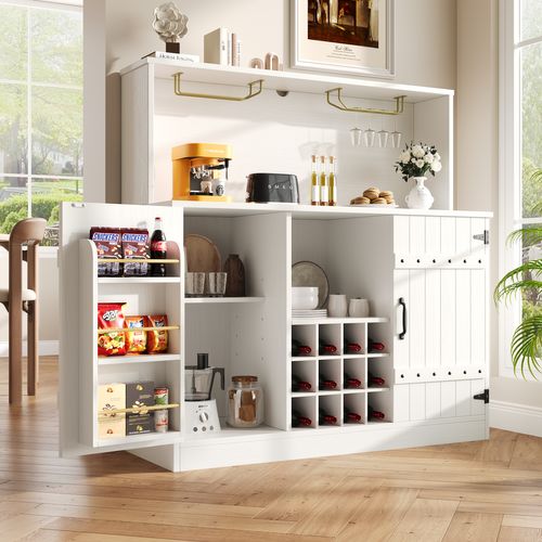 Îlot  Central  120x40x120cm, 2 Portes, Porte-bouteilles, Anti-chute Sécurisé, Mdf+métal, Blanc