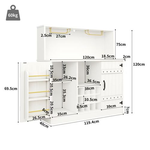 Îlot  Central  120x40x120cm, 2 Portes, Porte-bouteilles, Anti-chute Sécurisé, Mdf+métal, Blanc