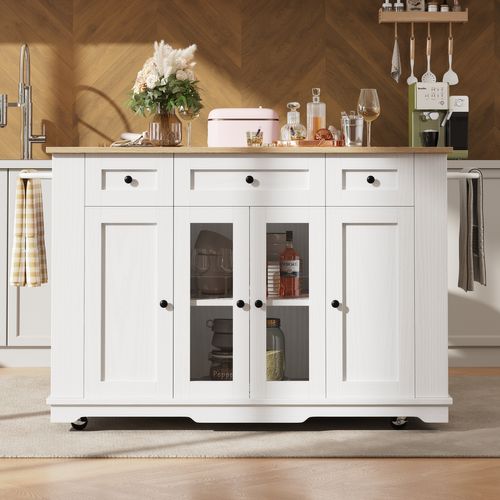 Îlot  Central  151,5x85x91,7 Cm, 4 Portes, 3 Tiroirs, Verre, Mdf, Métal, Couleur Blanc+bois