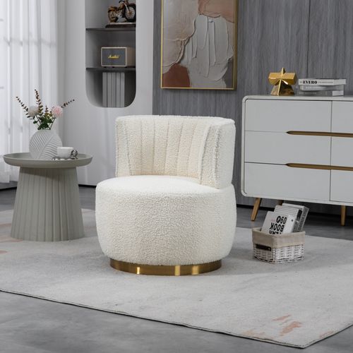 Fauteuil Pivotant 62,5x62x69,5 Cm, Rotation 360 Degrés, Design Ergonomique, Tissu Teddy, Blanc+doré