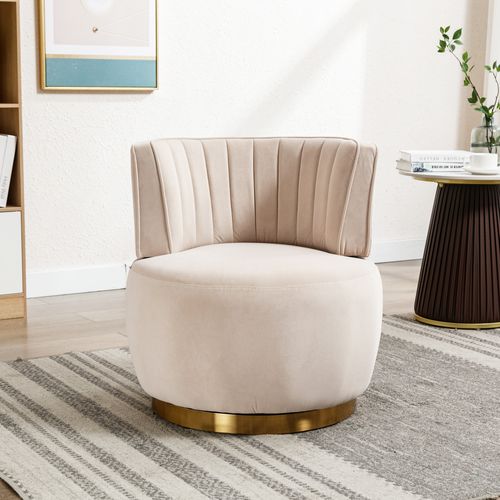 Fauteuil Pivotant 360 Degrés, 62,5x62x69,5 Cm, Assise Moelleuse En Velours, Métal, Beige+doré