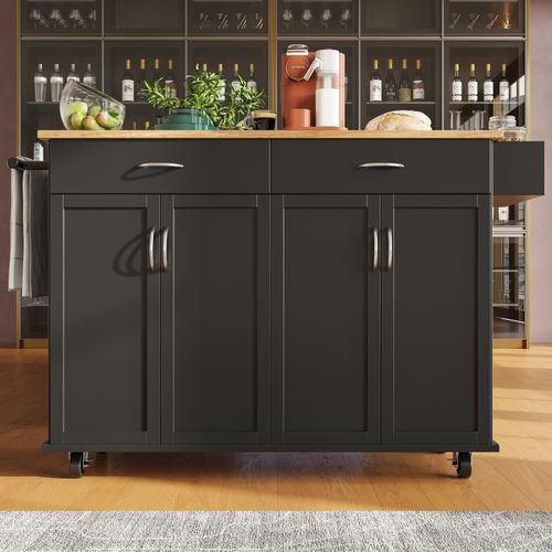 Îlot Central 128x78x90,5cm, 4 Portes, 2 Tiroirs, Roues, Moderne, Porte-serviettes, Mdf, Noir