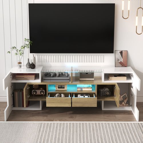 Meuble TV 145x30x51 Cm, LED, Motif Bois, 2 Tiroirs, Mdf, Panneaux De Particules, Blanc, Bois