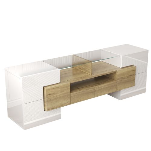 Meuble TV 145x30x51 Cm, LED, Motif Bois, 2 Tiroirs, Mdf, Panneaux De Particules, Blanc, Bois
