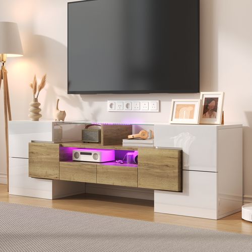 Meuble TV 145x30x51 Cm, LED, Motif Bois, 2 Tiroirs, Mdf, Panneaux De Particules, Blanc, Bois