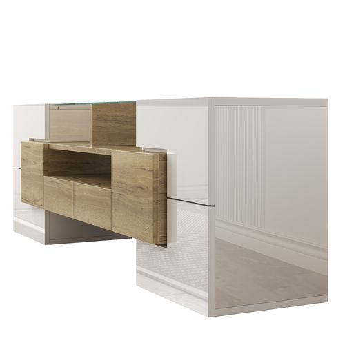 Meuble TV 145x30x51 Cm, LED, Motif Bois, 2 Tiroirs, Mdf, Panneaux De Particules, Blanc, Bois