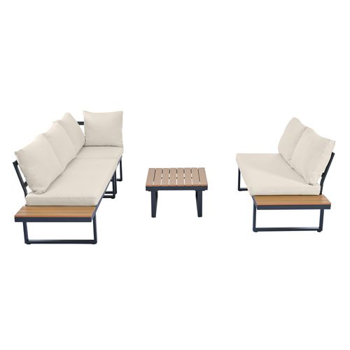 Salon De Jardin D'angle, Table Basse, Position Chaise Longue Réglable, Acier Galvanisé, Beige+bois