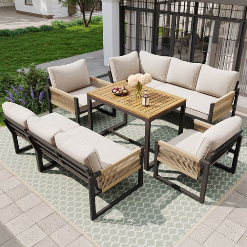 Salon De Jardin Modulable 7 Places, Table 95x63x65 Cm, Métal Polyester, Beige