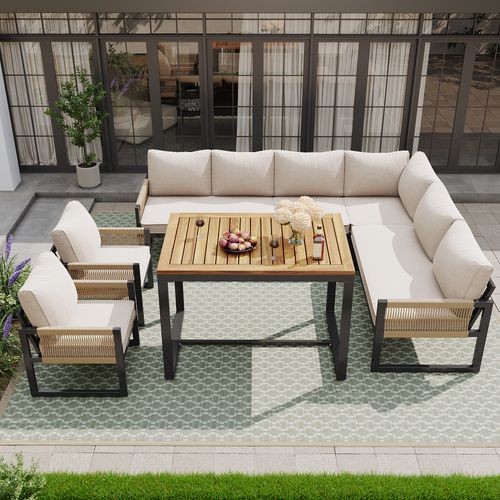 Salon De Jardin Modulable 7 Places, Table 95x63x65 Cm, Métal Polyester, Beige