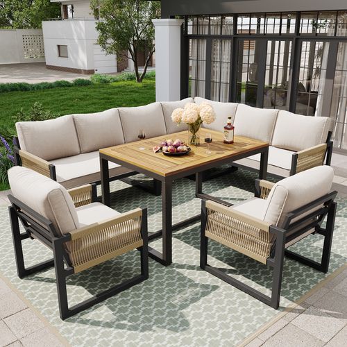Salon De Jardin Modulable 7 Places, Table 95x63x65 Cm, Métal Polyester, Beige