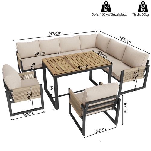 Salon De Jardin Modulable 7 Places, Table 95x63x65 Cm, Métal Polyester, Beige