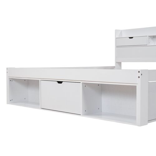 Lit Double 140x190 Cm, USB Et Prise Type C, 5 Tiroirs, 2 Niches Ouverts, Bois De Pin, Blanc