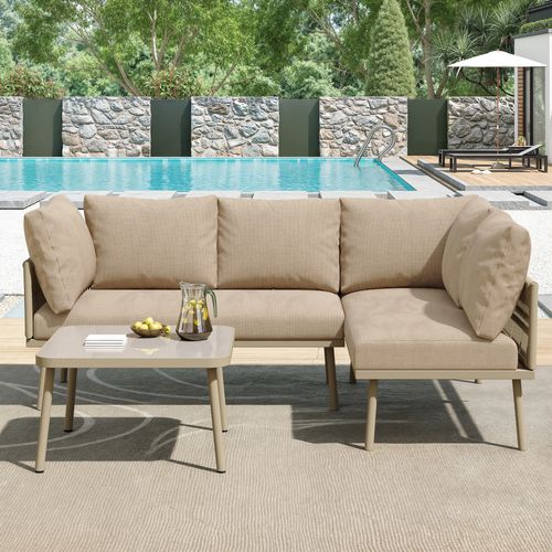 Salon De Jardin 3 Pièces, 2 Canapés 120x60x72 Cm Et 1 Table, Fer, Verre Trempé, Kaki