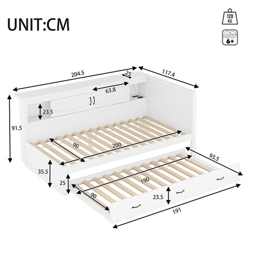 Lit Gigogne 90x200+90x190 Cm, LED Et Prise USB, Tiroir De Rangement, 2 Portes, Pb, Mdf, Blanc