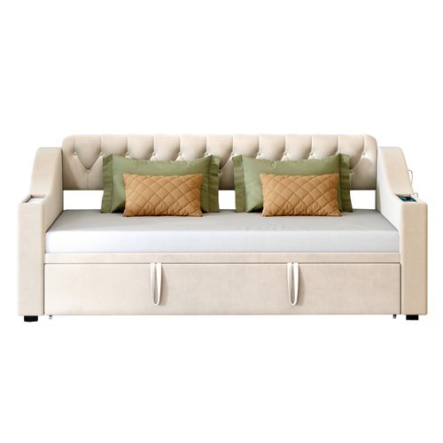 Lit Gigogne 90x190/180x190 Cm, Accoudoirs Avec Rangement Et Ports USB, Métal, Velours Beige