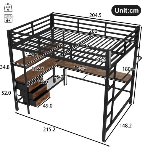 Lit Mezzanine 140x200 Cm, Bureau, LED, Prises, 3 Tiroirs, Étagères, Métal Et Mdf, Noir