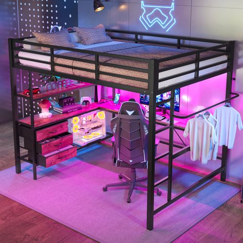 Lit Mezzanine 140x200 Cm, Bureau, LED, Prises, 3 Tiroirs, Étagères, Métal Et Mdf, Noir