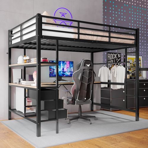 Lit Mezzanine 140x200 Cm, Bureau, LED, Prises, 3 Tiroirs, Étagères, Métal Et Mdf, Noir