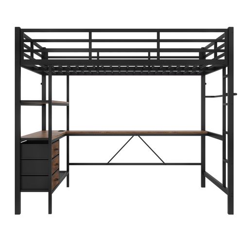 Lit Mezzanine 140x200 Cm, Bureau, LED, Prises, 3 Tiroirs, Étagères, Métal Et Mdf, Noir