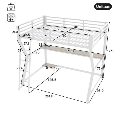 Lit Mezzanine Enfant 90x200 Cm Avec LED Et Bureau, Prise USB, Lit Simple, Métal Et Mdf, Blanc