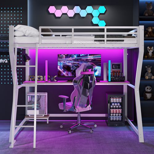 Lit Mezzanine Enfant 90x200 Cm Avec LED Et Bureau, Prise USB, Lit Simple, Métal Et Mdf, Blanc