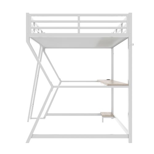 Lit Mezzanine Enfant 90x200 Cm Avec LED Et Bureau, Prise USB, Lit Simple, Métal Et Mdf, Blanc