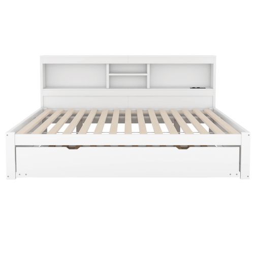 Lit Double 140x200 Cm,  Lit Gigogne 90x190 Cm, LED, Prises USB, Mdf, Panneaux De Particules, Blanc