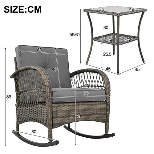 Salon De Jardin 3 Pièces,  2 Fauteuils à Bascule, Table Verre Trempé, Métal Rotin, Coussins, Gris