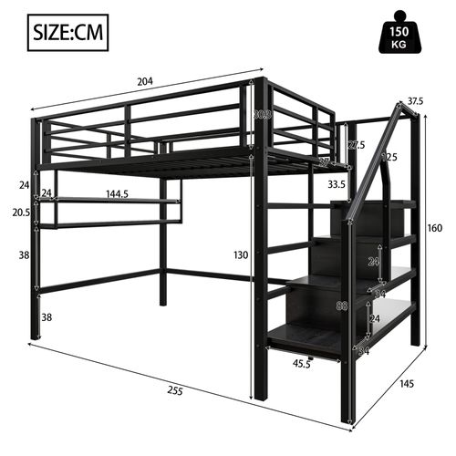 Lit Mezzanine 140x200 Cm, Escalier De Rangement, Étagères, Barrières De Sécurité, Métal, Noir