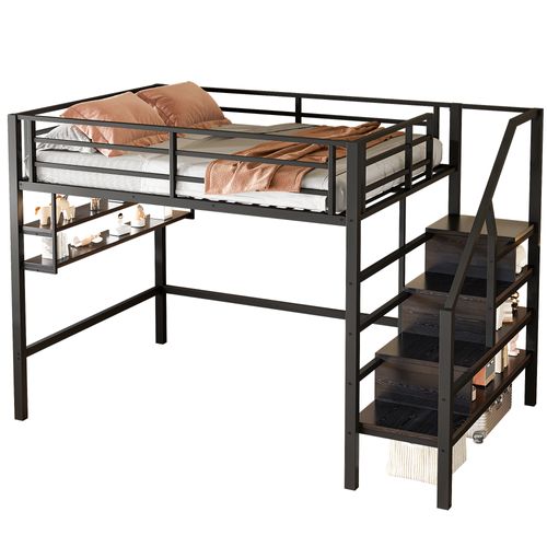 Lit Mezzanine 140x200 Cm, Escalier De Rangement, Étagères, Barrières De Sécurité, Métal, Noir