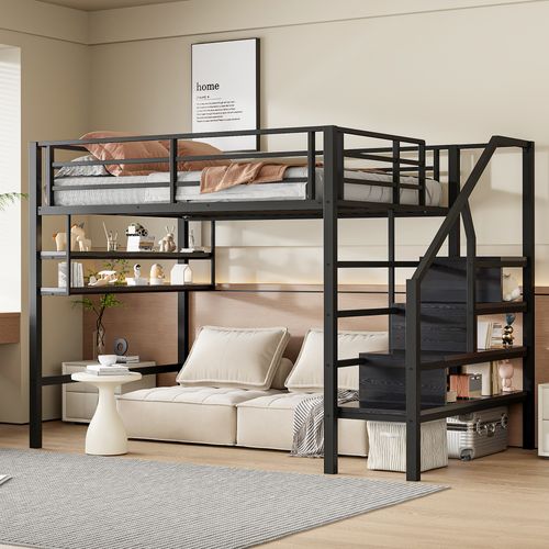 Lit Mezzanine 140x200 Cm, Escalier De Rangement, Étagères, Barrières De Sécurité, Métal, Noir