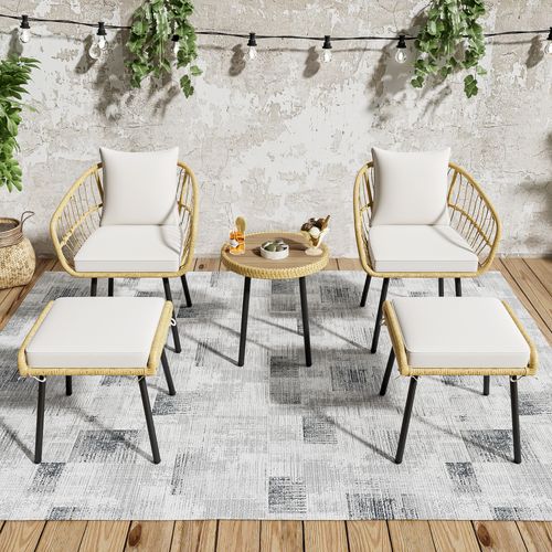 Salon De Jardin 5 Pièces, 1 Table, 2 Chaises Et 2 Poufs, Résine Tressée, Rotin, Blanc+noir+bois