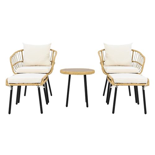 Salon De Jardin 5 Pièces, 1 Table, 2 Chaises Et 2 Poufs, Résine Tressée, Rotin, Blanc+noir+bois