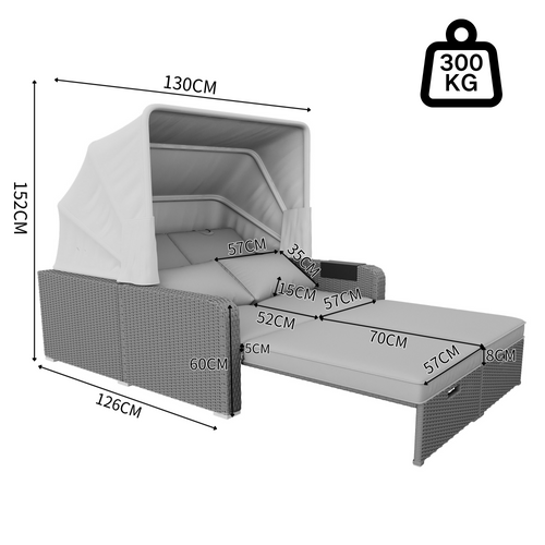 Fauteuil De Jardin 2 Places, Convertible En Bain De Soleil, Avec Auvent Amovible, Acier, Gris