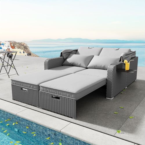 Fauteuil De Jardin 2 Places, Convertible En Bain De Soleil, Avec Auvent Amovible, Acier, Gris