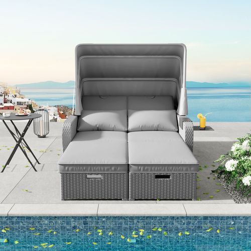 Fauteuil De Jardin 2 Places, Convertible En Bain De Soleil, Avec Auvent Amovible, Acier, Gris