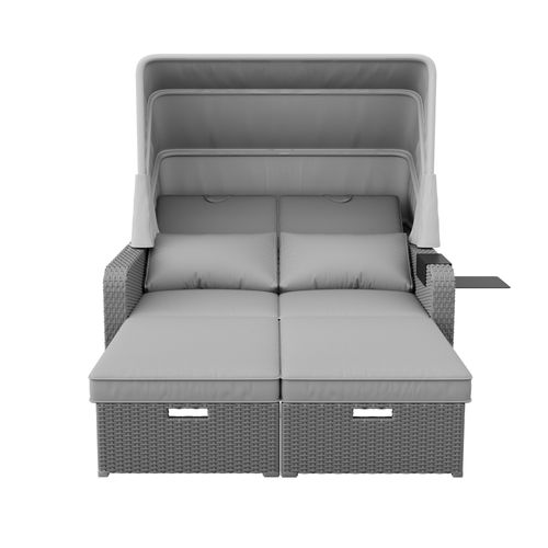 Fauteuil De Jardin 2 Places, Convertible En Bain De Soleil, Avec Auvent Amovible, Acier, Gris