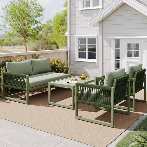 Salon De Jardin 4 Places, Canapé Et Table, Coussins Inclus, Fer Et Corde, Couleur Vert