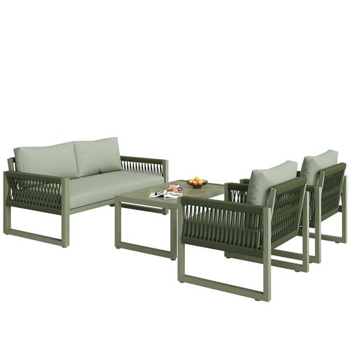 Salon De Jardin 4 Places, Canapé Et Table, Coussins Inclus, Fer Et Corde, Couleur Vert