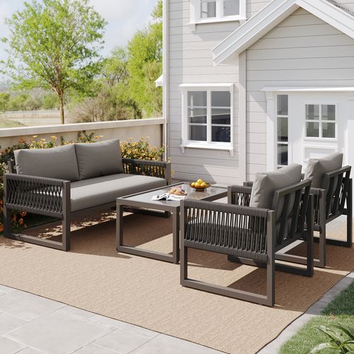 Salon De Jardin 4 Places, Canapé Et Table, Coussins Inclus, Fer Et Corde, Couleur Gris