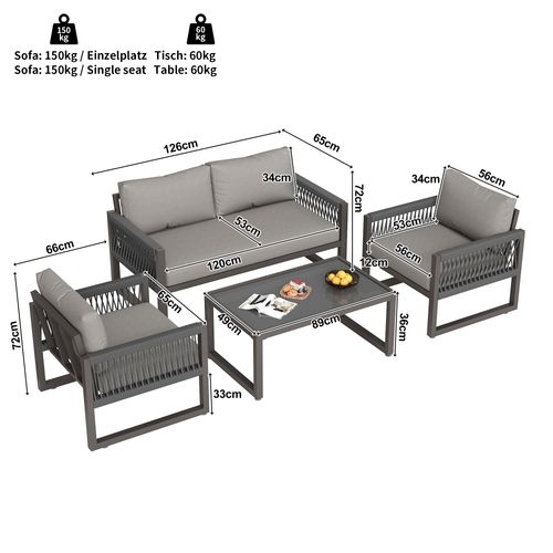 Salon De Jardin 4 Places, Canapé Et Table, Coussins Inclus, Fer Et Corde, Couleur Gris
